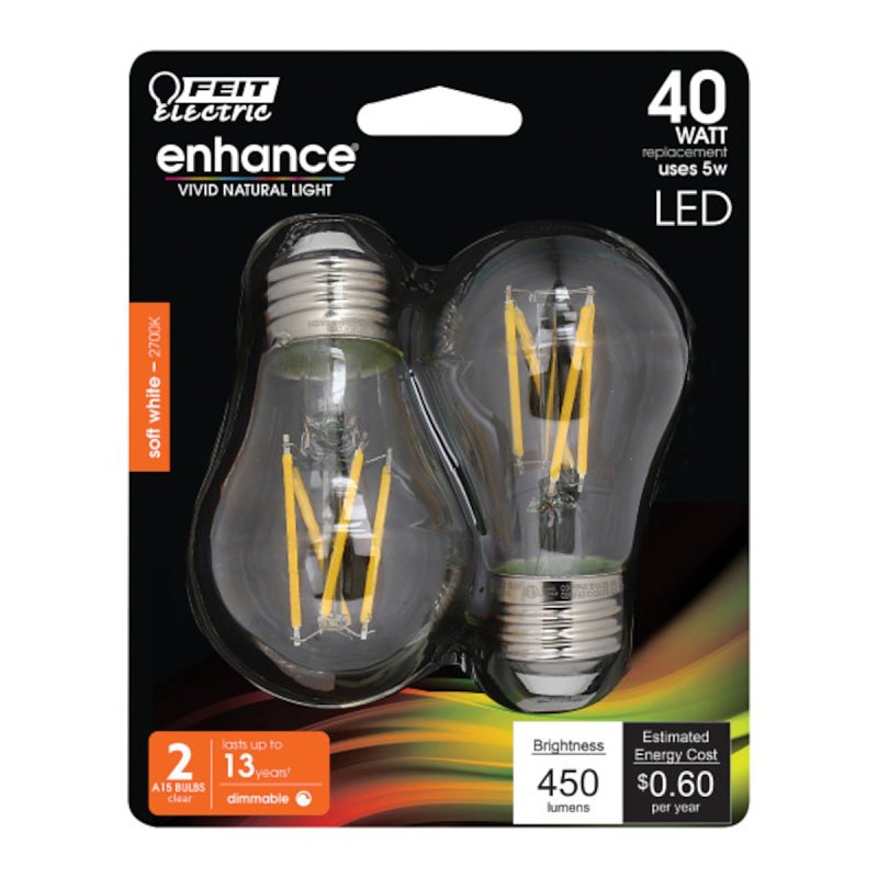 Feit Electric BPA1540/927CA/FIL/2 LED Bulb, 450 Lumens, 5 W, A15 Lamp, 40 W Equivalent, E26 Lamp Base