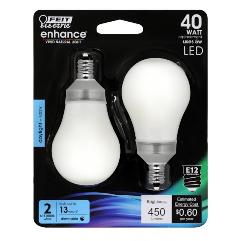 Feit Electric BPA1540C/950CA/2 LED Bulb, General Purpose, 450 Lumens, 5 W, A15 Lamp, 40 W Equivalent, E12 Lamp Base