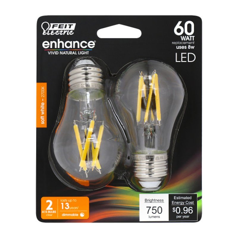 Feit Electric BPA1560/927CA/FIL/2 LED Bulb, General Purpose, 750 Lumens, 8.3 W, A15 Lamp, 60 W Equivalent, E26 Lamp Base