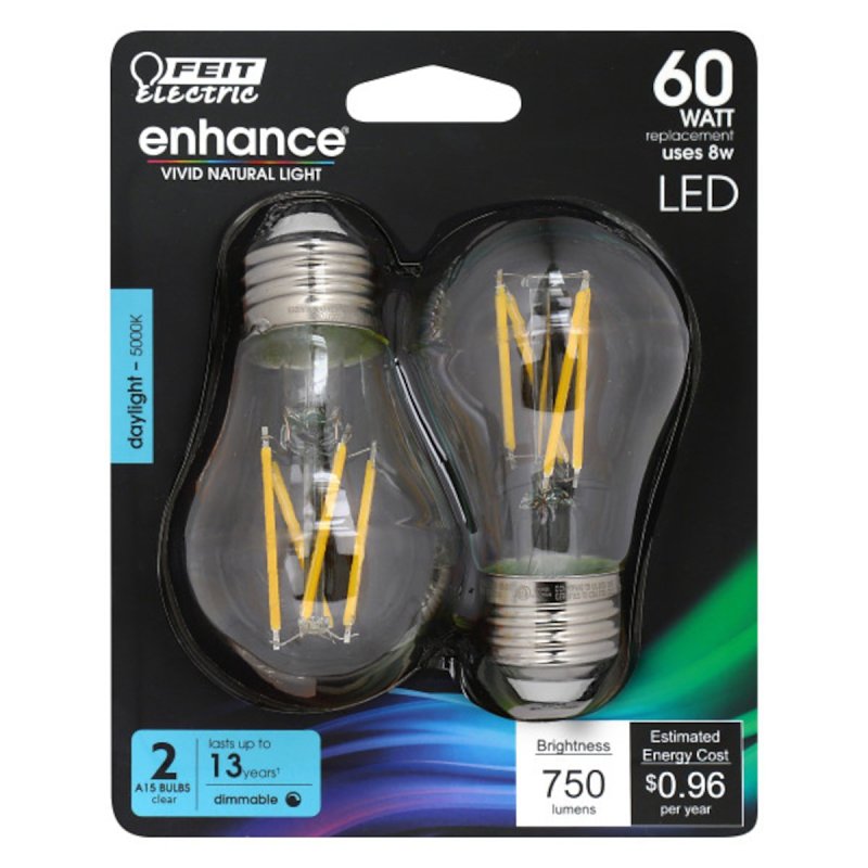 Feit Electric BPA1560/950CA/FIL/2 LED Bulb, General Purpose, 750 Lumens, 8 W, A15 Lamp, 60 W Equivalent, E26 Lamp Base