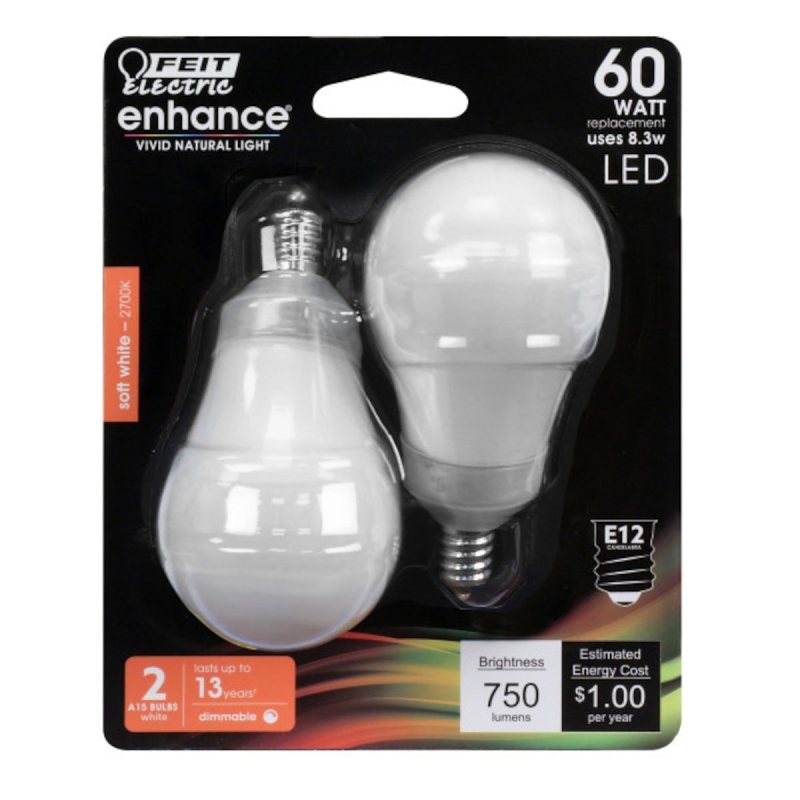 Feit Electric BPA1560C/927CA/2 LED Bulb, General Purpose, A15 Lamp, 60 W Equivalent, E12 Lamp Base, Dimmable, Frosted
