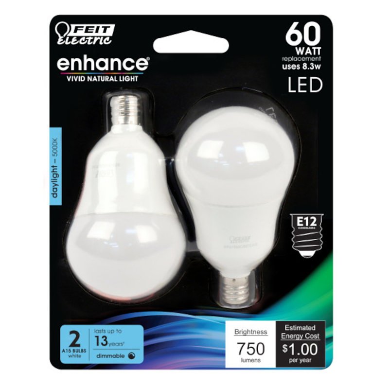 Feit Electric BPA1560C/950CA/2 LED Bulb, General Purpose, A15 Lamp, 60 W Equivalent, E12 Lamp Base, Dimmable