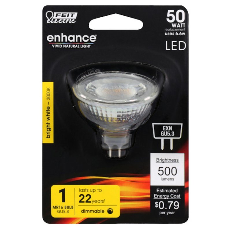 Feit Electric BPEXN/930CA LED Bulb, 12 V, 500 Lumens, 6.6 W, MR16 Lamp, 50 W Equivalent, GU5.3 Lamp Base