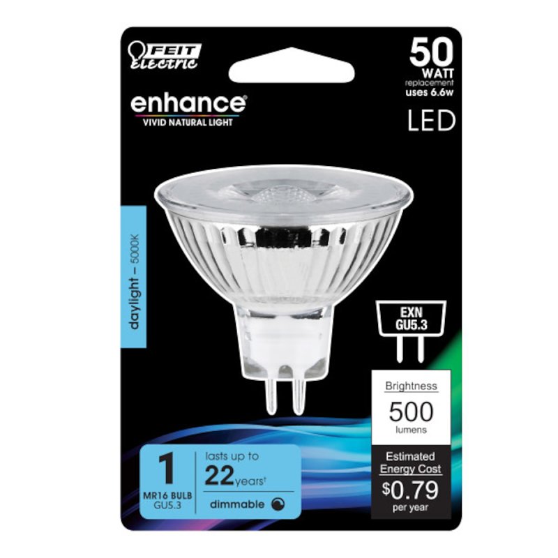 Feit Electric BPEXN/950CA LED Bulb, Track/Recessed, 12 V, 500 Lumens, 6.6 W, MR16 Lamp, 50 W Equivalent, GU5.3 Lamp Base