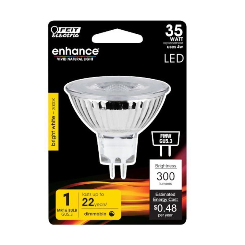 Feit Electric BPFMW/930CA LED Bulb, Track/Recessed, 300 Lumens, 4 W, MR16 Lamp, 35 W Equivalent, GU5.3 Lamp Base, Clear