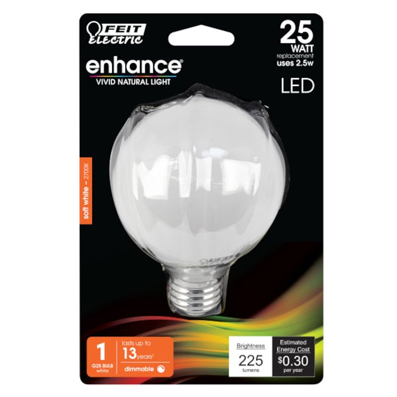 Feit Electric BPG2525W/927CA/FIL LED Bulb, Globe, G25 Lamp, 25 W Equivalent, E26 Lamp Base, Dimmable, Soft White Light