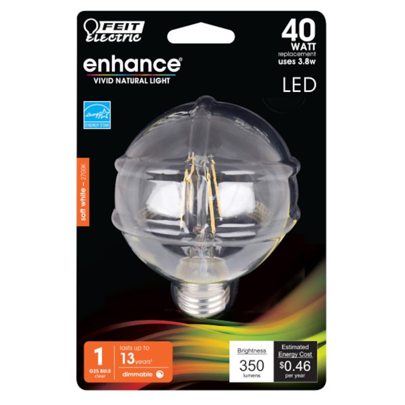 Feit Electric BPG2540/927CA/FIL LED Bulb, 350 Lumens, 3.8 W, G25 Lamp, 40 W Equivalent, E26 Lamp Base, Dimmable