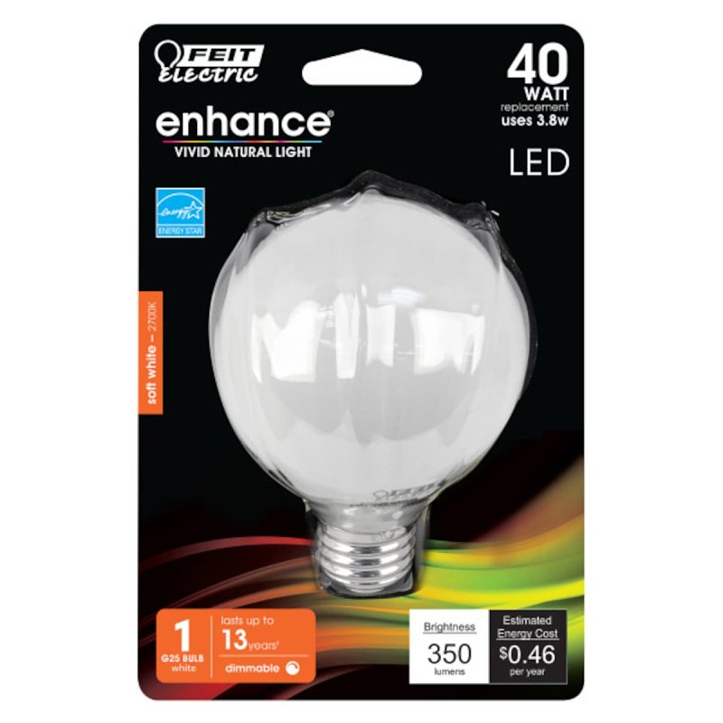Feit Electric BPG2540W/927CA/FIL LED Bulb, Globe, 120 V, 3.8 W, G25 Lamp, 40 W Equivalent, E26 Lamp Base, Dimmable