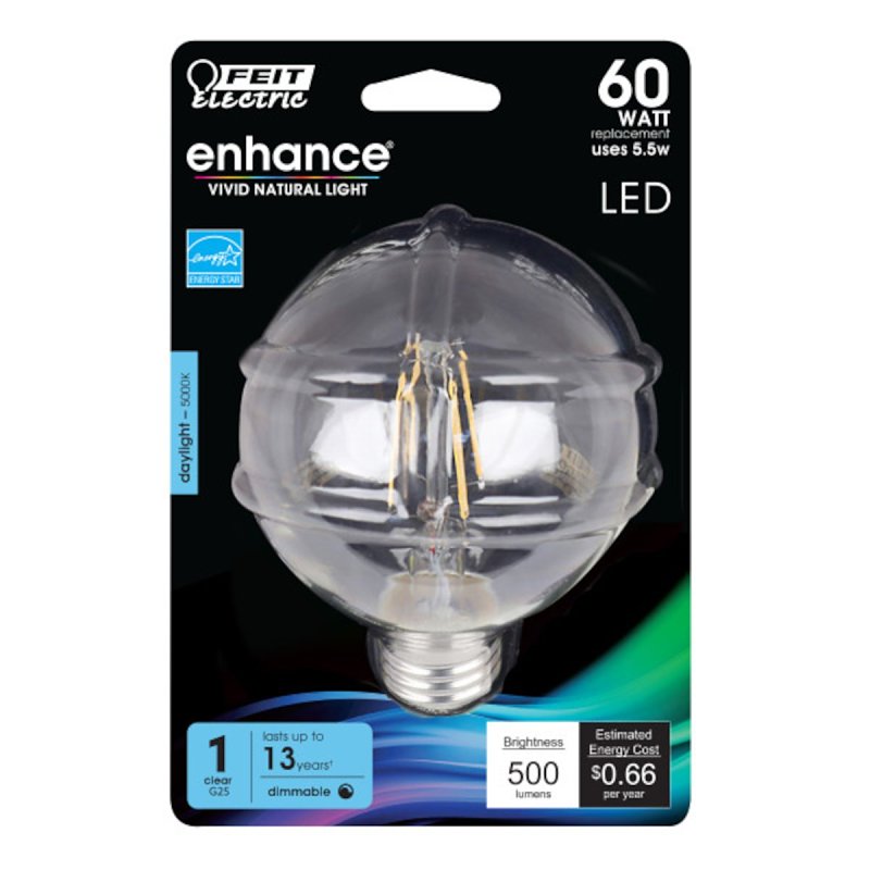 Feit Electric BPG2560/950CA/FIL LED Bulb, 500 Lumens, 5.5 W, G25 Lamp, 60 W Equivalent, E26 Lamp Base, Dimmable