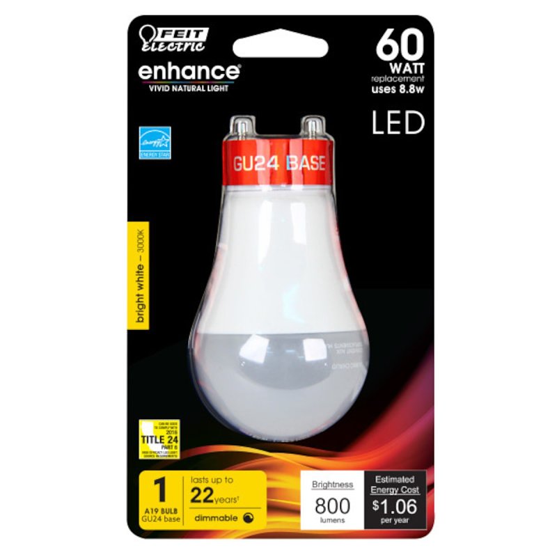 Feit Electric BPOM60DM/930CA/GU24 LED Bulb, 120 V, 800 Lumens, 8.8 W, A19 Lamp, 60 W Equivalent, Dimmable