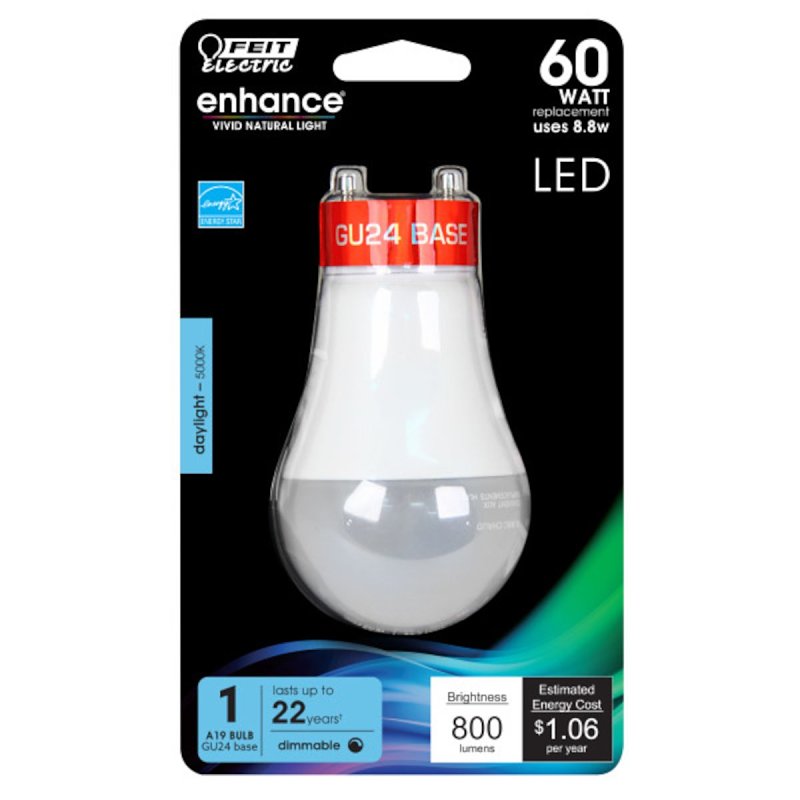 Feit Electric BPOM60DM/950CA/GU24 LED Bulb, General Purpose, 800 Lumens, 8.8 W, A19 Lamp, 60 W Equivalent, Dimmable