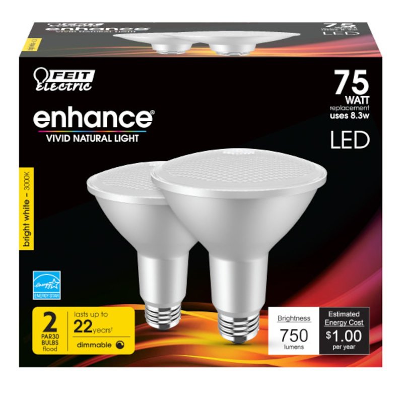Feit Electric PAR30LDM/930CA/2 LED Bulb, Flood/Spotlight, 750 Lumens, 8.3 W, PAR30 Lamp, 75 W Equivalent, E26 Lamp Base