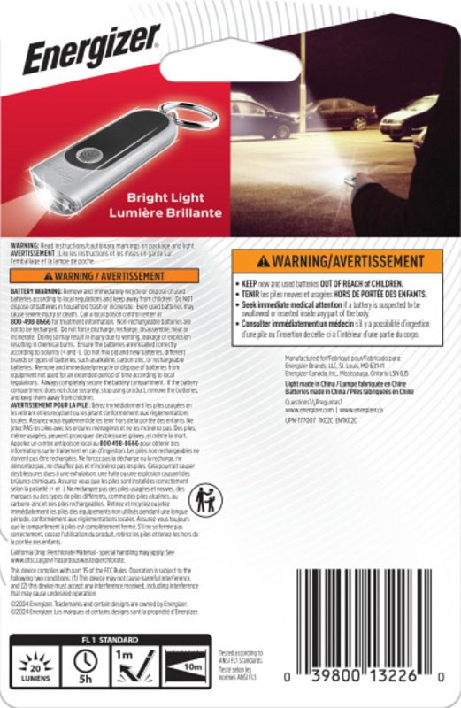 Energizer ENTKC2C Key Chain Light, Lithium Battery, LED Lamp, 20 Lumens Lumens, 10 m Beam Distance, 5 hr Run Time