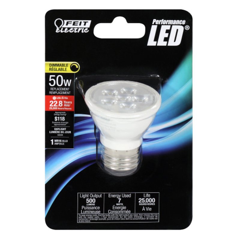 Feit Electric BPEXN500/MED/850/CAN LED Bulb, Track/Recessed, 500 Lumens, 7 W, MR16 Lamp, 50 W Equivalent, E26 Lamp Base