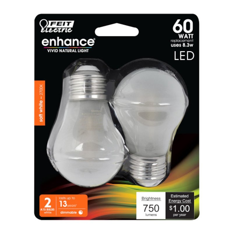 Feit Electric BPA1560W/927CA/FIL/2 LED Bulb, General Purpose, 750 Lumens, 8 W, A15 Lamp, 60 W Equivalent, Soft White
