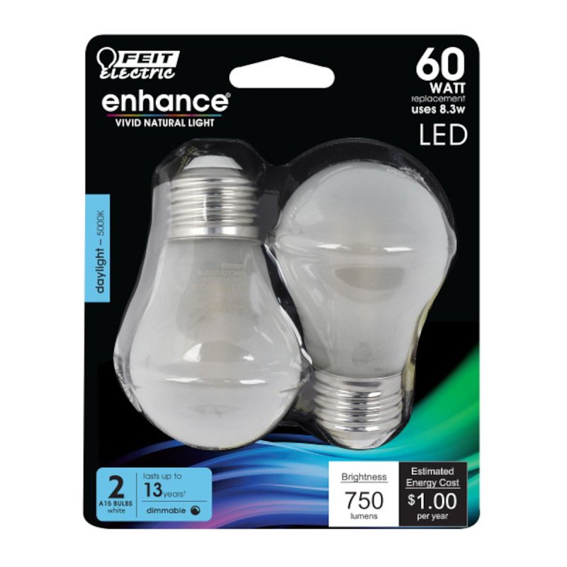 Feit Electric BPA1560W/950CA/FIL/2 LED Bulb, 120 V, 750 Lumens, 8 W, A15 Lamp, 60 W Equivalent, E26 Lamp Base, 2 PK