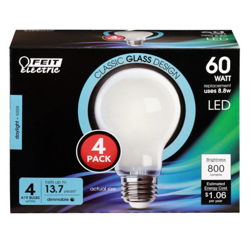 Feit Electric A1960/850/FIL/4 LED Bulb, General Purpose, 800 Lumens, 8.8 W, A19 Lamp, 60 W Equivalent, E26 Lamp Base