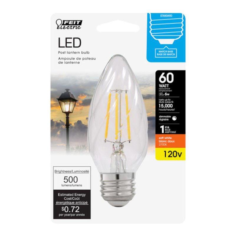 Feit Electric BPF1560/827/FILED LED Bulb, Decorative, 500 Lumens, 6 W, F15 Lamp, 60 W Equivalent, E26 Lamp Base, Clear