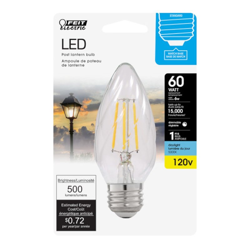Feit Electric BPF1560/850/FILED LED Bulb, 120 V, 500 Lumens, 6 W, F15 Lamp, 60 W Equivalent, E26 Lamp Base, Clear
