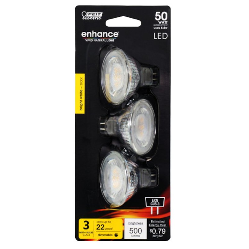 Feit Electric BPEXN/930CA/3 LED Bulb, Track/Recessed, 500 Lumens, 6.6 W, MR16 Lamp, 50 W Equivalent, Soft White
