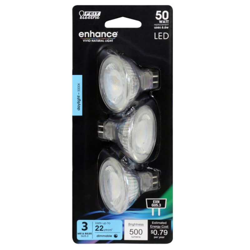 Feit Electric BPEXN/950CA/3 LED Bulb, 12 V, 500 Lumens, 6.6 W, MR16 Lamp, 50 W Equivalent, GU5.3 Lamp Base, 3 PK