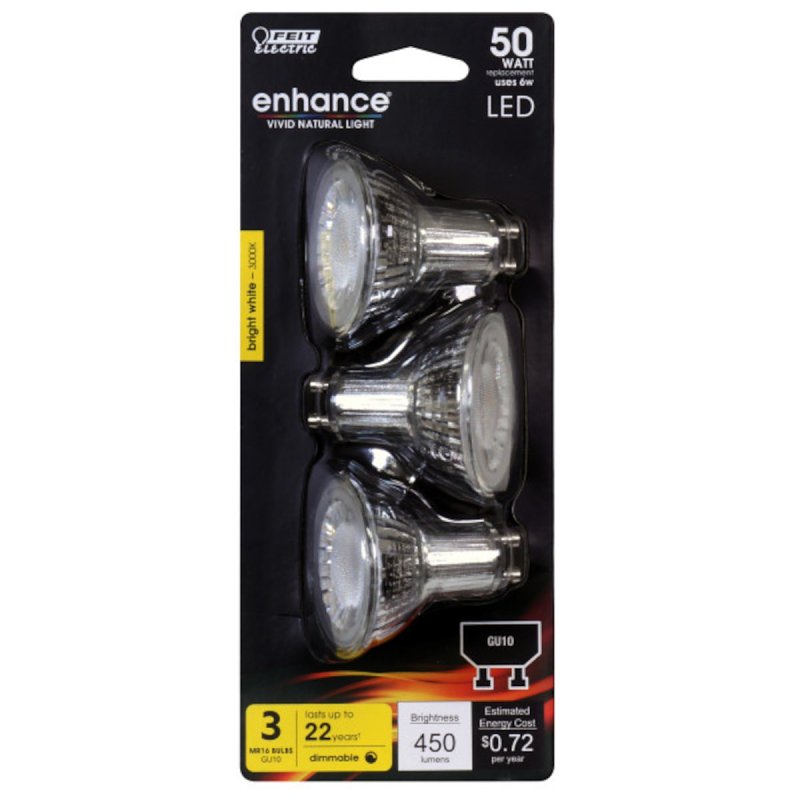 Feit Electric BPMR16GU10/500/930CA/3 LED Bulb, Track/Recessed, 450 Lumens, 6 W, MR16 Lamp, 50 W Equivalent, Dimmable