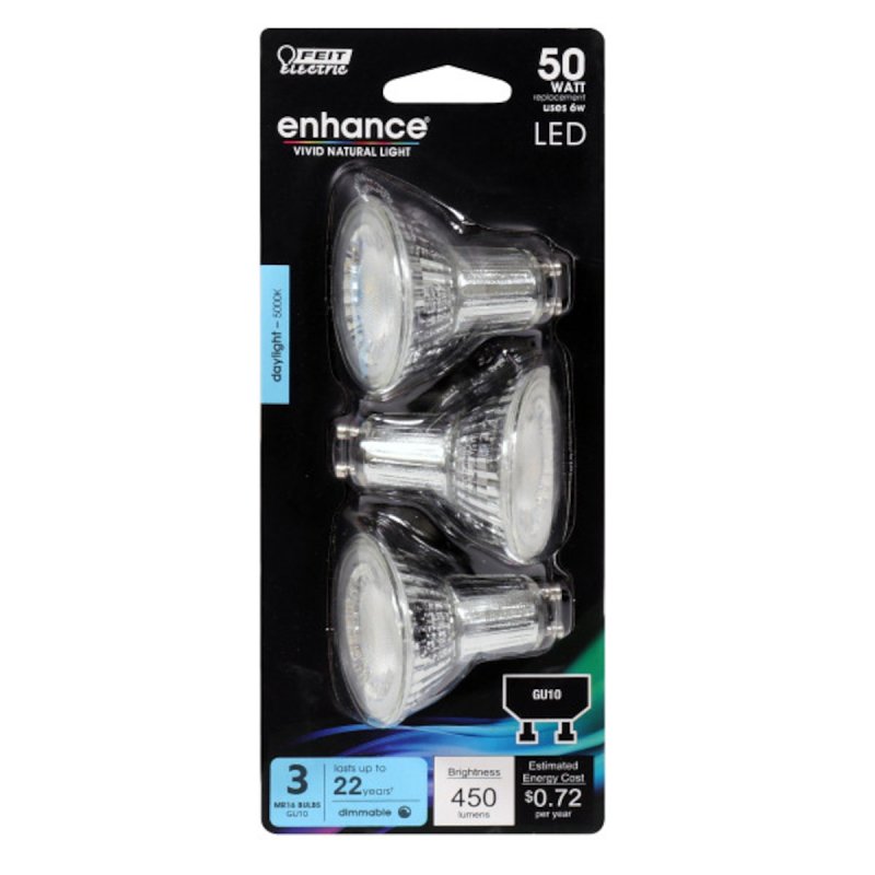 Feit Electric BPMR16GU10500950CA/3 LED Bulb, Track/Recessed, 120 V, 6 W, MR16 Lamp, 50 W Equivalent, GU10 Lamp Base