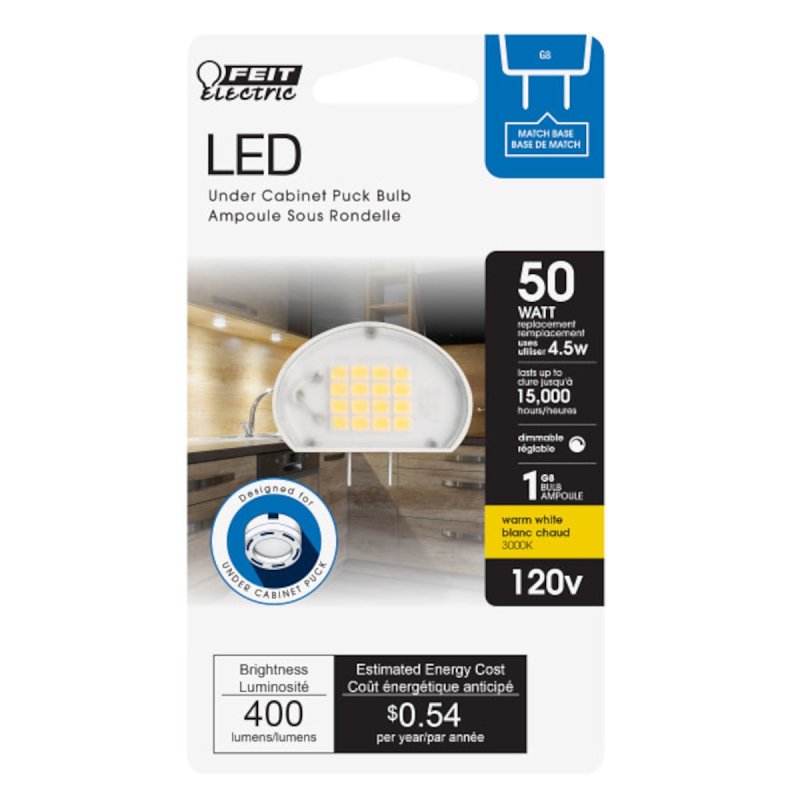 Feit Electric BP50G8/830/SU/LED LED Bulb, Specialty, T4 Lamp, 50 W Equivalent, G8 Lamp Base, Dimmable, Clear