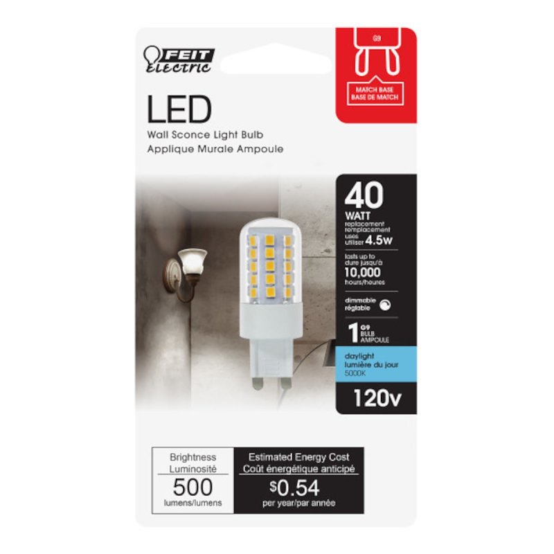 Feit Electric BPG940/850/LED LED Bulb, Specialty, 500 Lumens, 4.5 W, Wedge Lamp, 40 W Equivalent, G9 Lamp Base, Dimmable