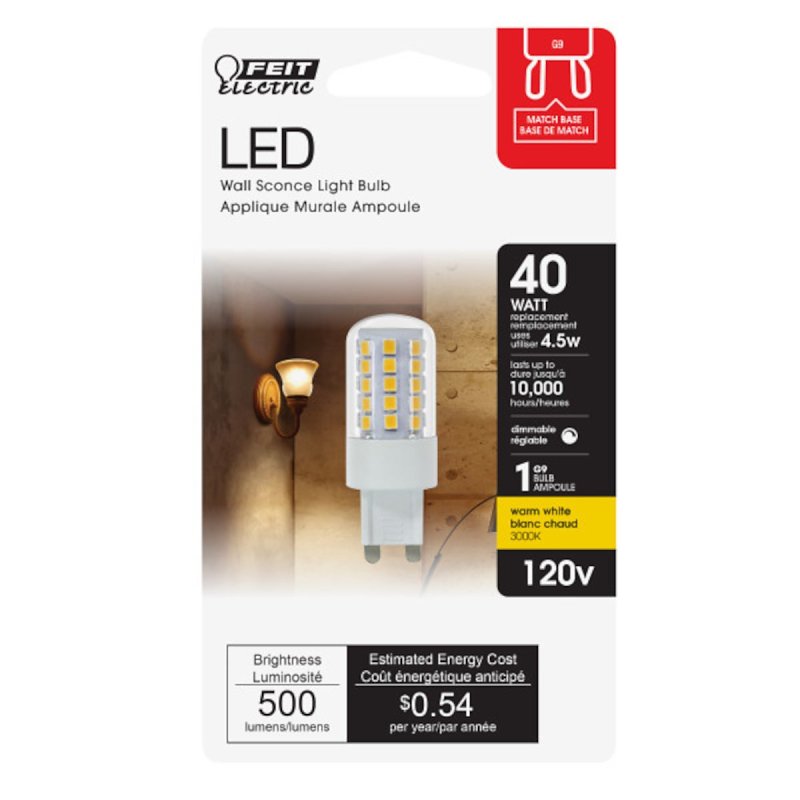 Feit Electric BPG940/830/LED LED Bulb, 500 Lumens, 4.5 W, Wedge Lamp, 40 W Equivalent, G9 Lamp Base, Dimmable