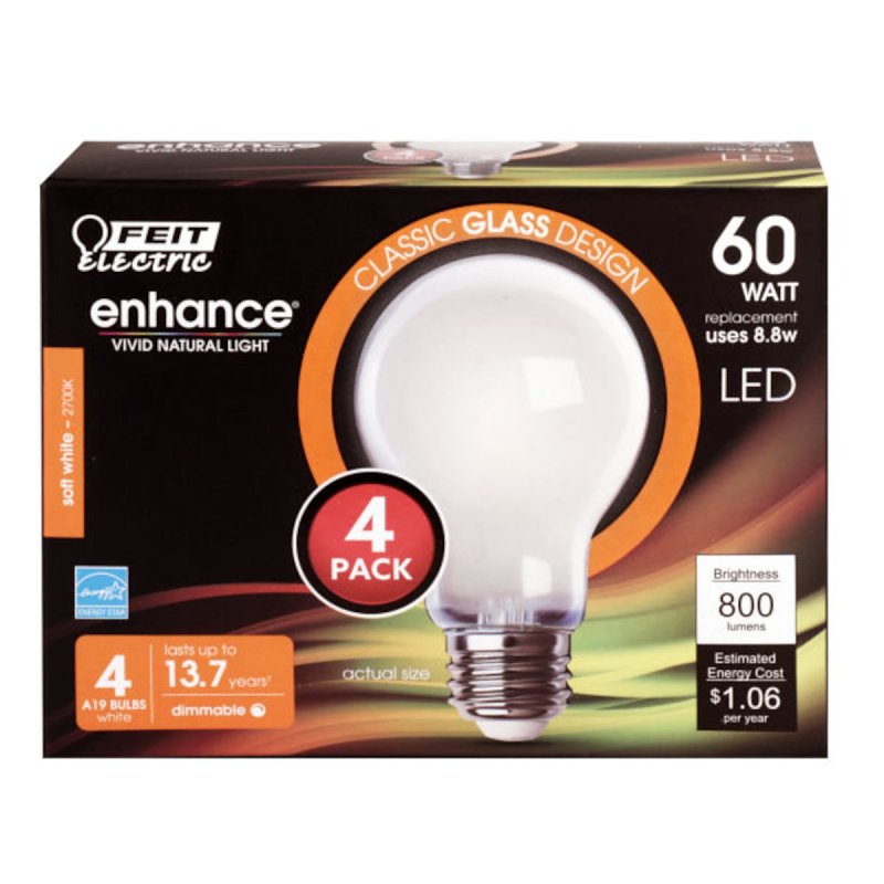 Feit Electric A1960/927CA/FIL/4 LED Bulb, General Purpose, 120 V, 8.8 W, A19 Lamp, 60 W Equivalent, E26 Lamp Base
