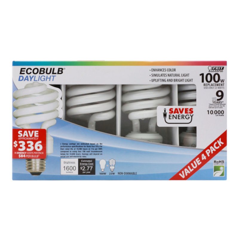 Feit Electric ESL23TM/D/4 Compact Fluorescent Bulb, 23 W, Spiral Lamp, Medium E26 Lamp Base, 1600 Lumens, Daylight Light