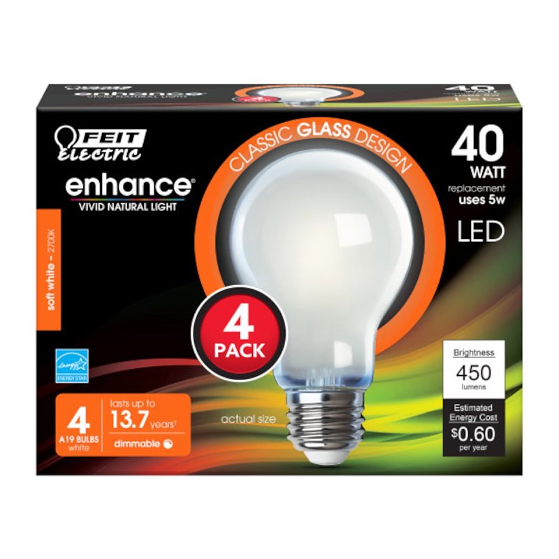 Feit Electric A1940/927CA/FIL/4 LED Bulb, General Purpose, 450 Lumens, 5 W, 120 V, 40 W Equivalent, E26 Lamp Base