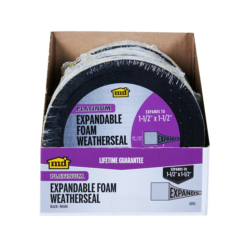 M-D 03115 Expandable Weatherseal, 1-1/2 in W, 8 ft L, 1-1/2 in Thick, Foam, Black