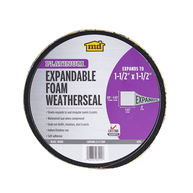 M-D 03115 Expandable Weatherseal, 1-1/2 in W, 8 ft L, 1-1/2 in Thick, Foam, Black
