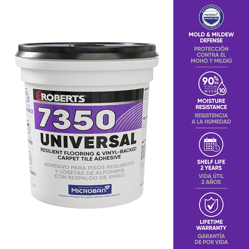 Roberts 7350 Series 7350RB004 Universal Flooring Adhesive, Paste, Resinous, Very Mild Acrylic, Off-White, 1 gal, Pail