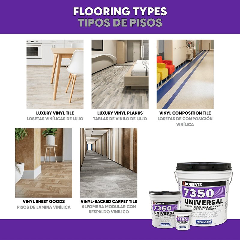 Roberts 7350 Series 7350RB004 Universal Flooring Adhesive, Paste, Resinous, Very Mild Acrylic, Off-White, 1 gal, Pail