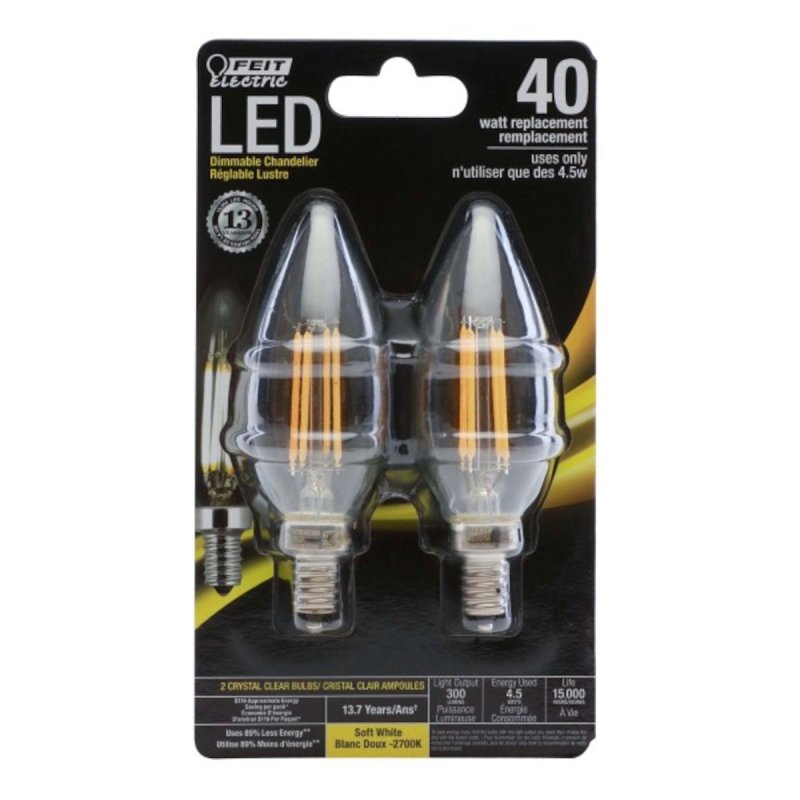 Feit Electric BPCTC40/827/LED/2 LED Lamp, 300 Lumens, 3.8 W, Torpedo Tip Lamp, 40 W Equivalent, E12 Lamp Base