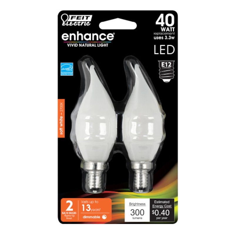 Feit Electric BPCFF40/927CA/FIL/2 LED Bulb, 120 V, 300 Lumens, 3.3 W, Flame Tip Lamp, 40 W Equivalent, Dimmable