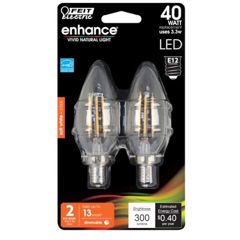 Feit Electric BPCTC40/927CA/FIL LED Bulb, 120 V, 300 Lumens, 3.3 W, B10 Lamp, 40 W Equivalent, E12 Lamp Base