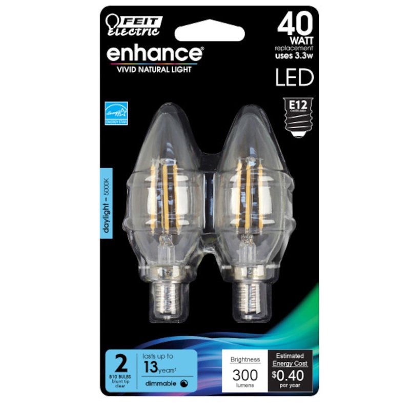 Feit Electric BPCTC40/950CA/FIL/2 LED Bulb, Decorative, 300 Lumens, 3.3 W, B10 Lamp, 40 W Equivalent, E12 Lamp Base
