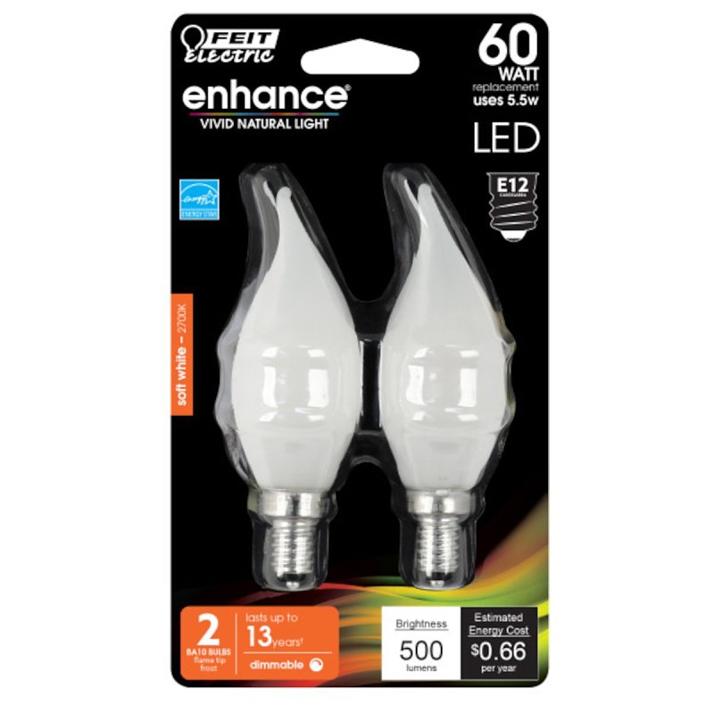 Feit Electric BPCFF60/927CA/FIL/2 LED Bulb, 120 V, 500 Lumens, 5.5 W, Flame Tip Lamp, 60 W Equivalent, Dimmable, 2/PK