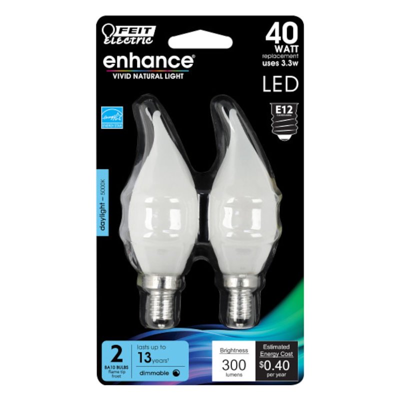 Feit Electric BPCFF40950CAFIL/2 LED Light Bulb, Decorative, Flame Tip Lamp, 60 W Equivalent, E12 Lamp Base, Dimmable
