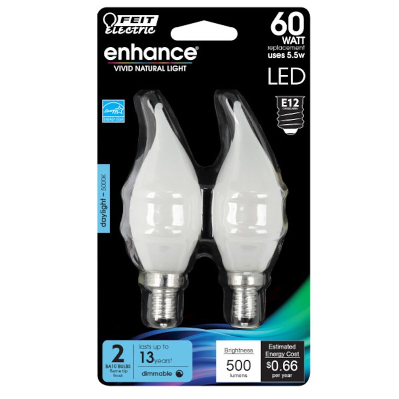 Feit Electric BPCFF60950CAFIL/2 LED Light Bulb, Decorative, Flame Tip, 60 W Equivalent, Candelabra Lamp Base, Dimmable