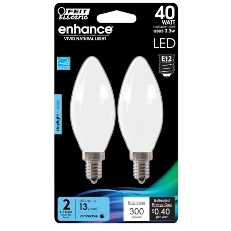 Feit Electric BPCTF40950CAFIL/2 LED Light Bulb, Decorative, 40 W Equivalent, Candelabra Lamp Base, Dimmable, Frosted