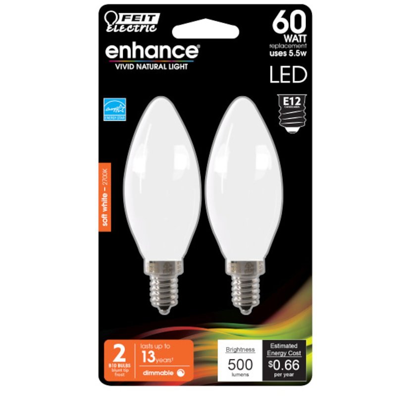 Feit Electric BPCTF60/927CA/FIL/2 LED Bulb, Decorative, 500 Lumens, 60 W, B10 Lamp, 60 W Equivalent, E12 Lamp Base