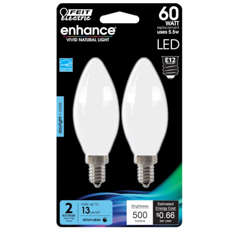 Feit Electric BPCTF60/950CA/FIL/2 LED Bulb, Decorative, 500 Lumens, 5.5 W, B10 Lamp, 60 W Equivalent, E12 Lamp Base