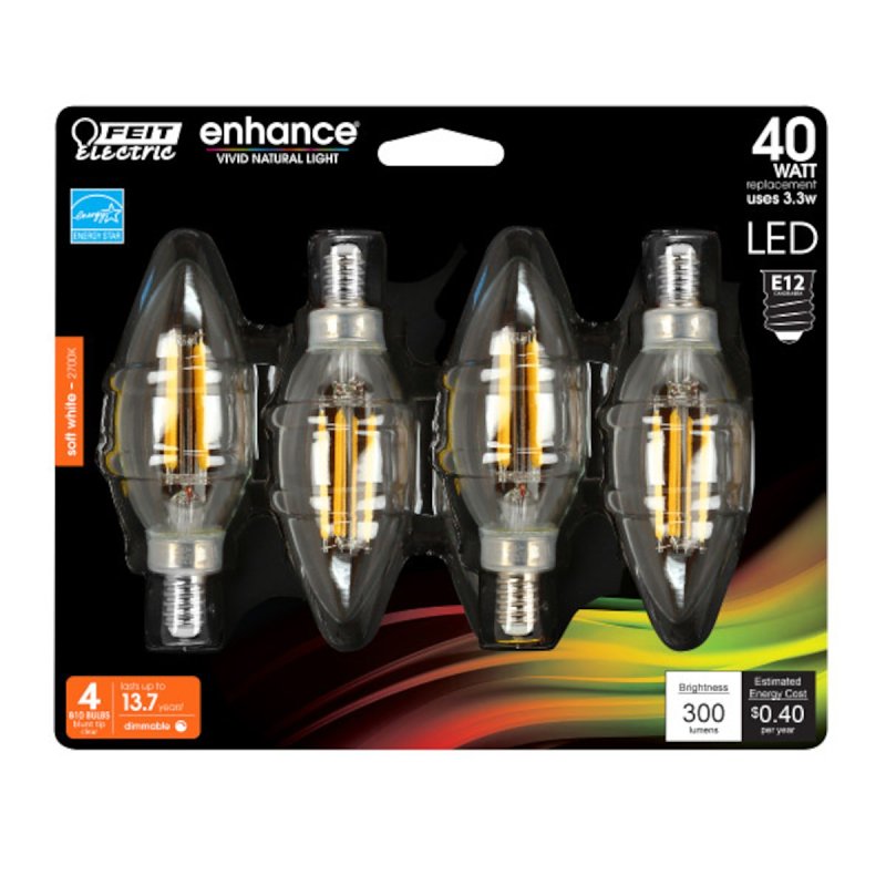 Feit Electric BPCTC40927CAFIL/4 LED Light Bulb, 300 Lumens, 3.3 W, Blunt Tip Lamp, 40 W Equivalent, Dimmable