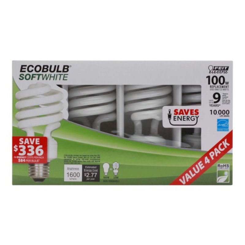Feit Electric ESL23TM/4/RP Compact Fluorescent Bulb, 2700 K Color Temp, Soft White, 1600 Lumens, 23 W