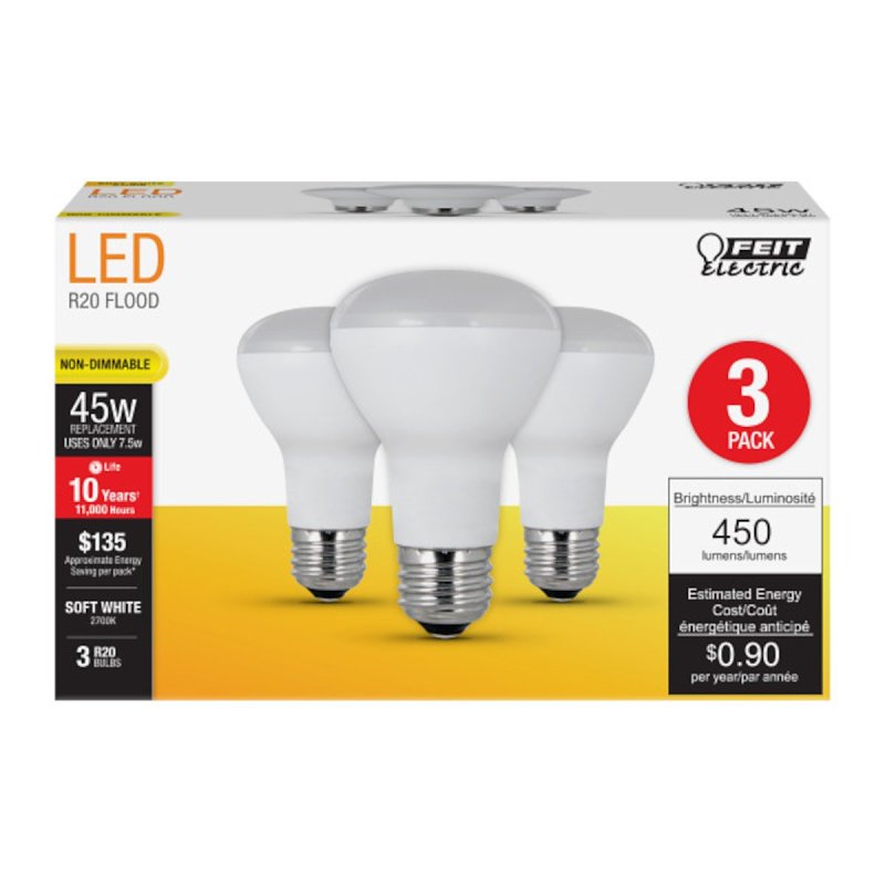Feit Electric R20/10KLED/3/CAN LED Lamp, Flood/Spotlight, R20 Lamp, 45 W Equivalent, E26 Lamp Base, Soft White Light